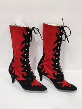 Rare Vintage Escada High Boots Heels Red Black Suede Italy Women's Size 6.5 B